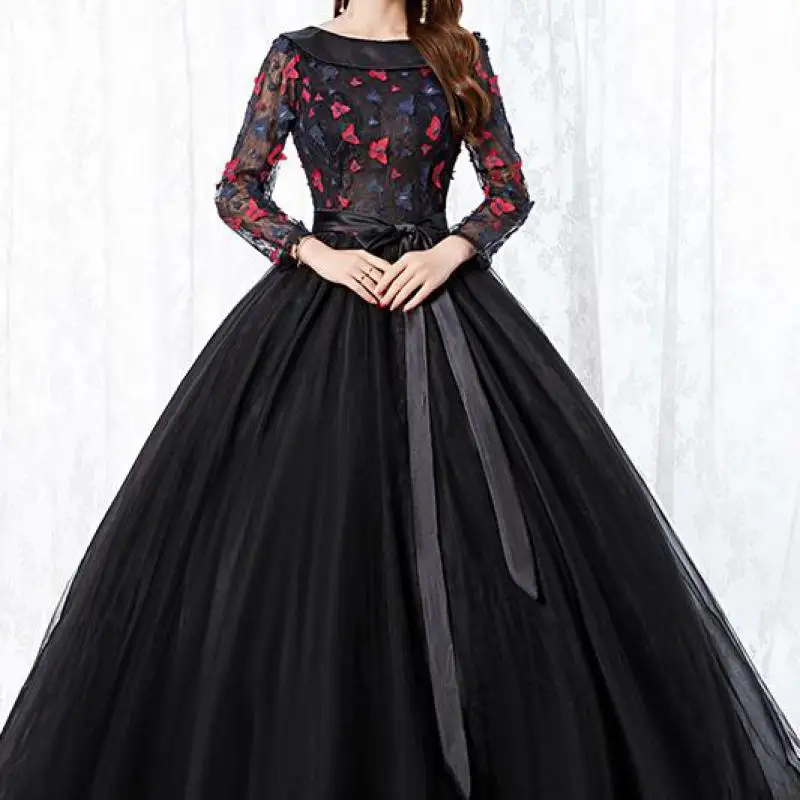 Illusion Langen Ärmeln Quinceanera Kleider Spitze Blumen Scoop Neck Ballkleid Klassische Schwarz bodenlangen Vestidos De 15 Mit gürtel