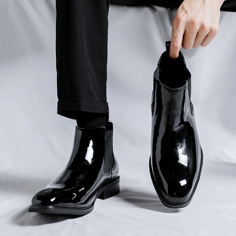 men fashion chelsea boots patent leather shoes business wedding dress pointed toe cowboy ankle boot black trendy short botas man