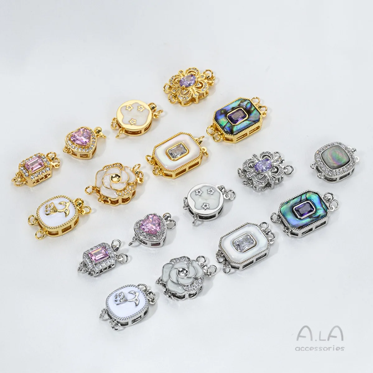 Brass 18K Real Gold Plated Rectangle Double Row Rose Enamel Shell Zircon Toggle Clasp DIY Pearl Jewelry Findings
