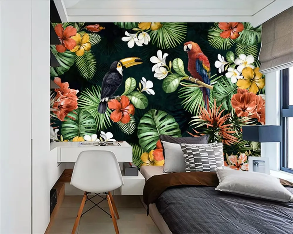Custom wallpaper murals hand-painted parrot tropical rainforest plant sofa living room wall Decoration murals 3d wallpaper