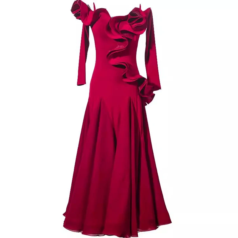 Novo vestido de competição de dança de salão folha de lótus gola de renda valsa feminina roupas padrão manga longa traje de dança moderna