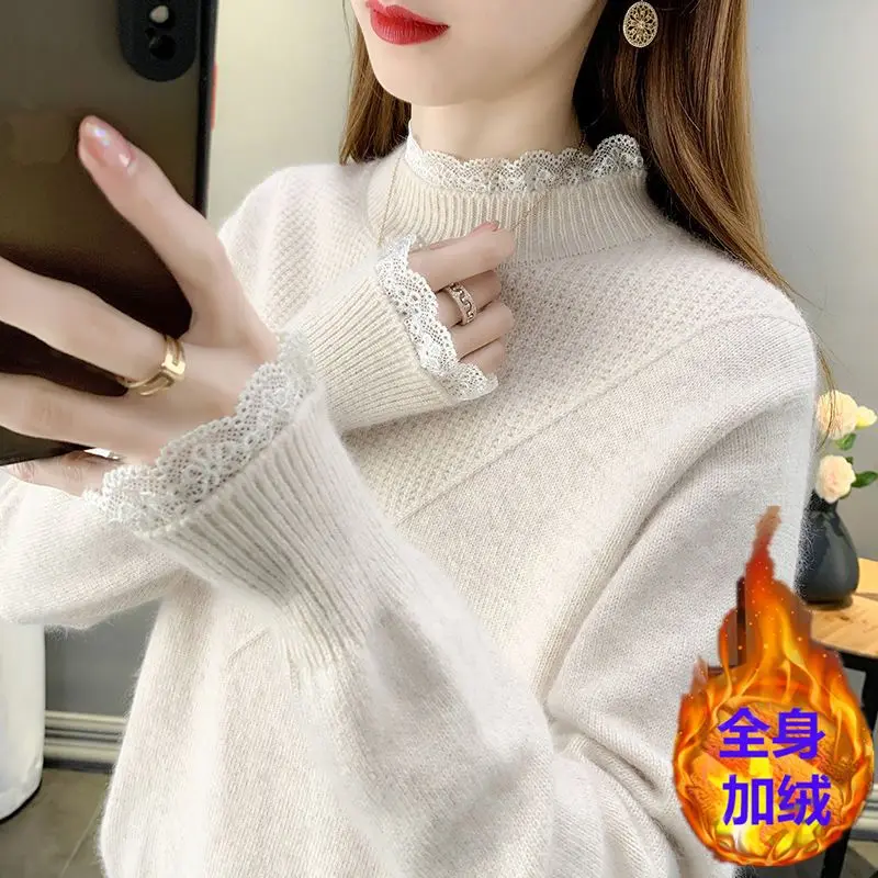 

Plush And Thickened Half High Collar Pullover Sweater Tops For Women's Loose Fitting 2023 New Autumn And Winter Versatile Long