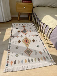 Handwoven cotton linen carpet retro Bohemian style square bedside geometric floor mat living room home decoration Bohemian manda