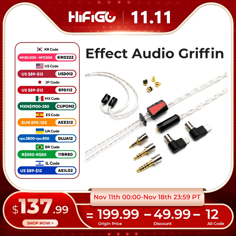 Effect Audio X HiFiGo GRIFFIN Earphone Cable 4 Wire High Purity Copper Silver Plated IEM Cable, TermX& ConX Interchangeable Plug