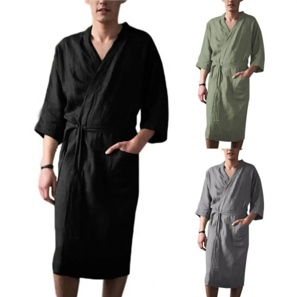 

Adjustable Belt Nightgown Soft Lace Up Men's Bathrobe with Pockets Super Absorbent Cardigan Style Nightgown for Ultimate Comfort