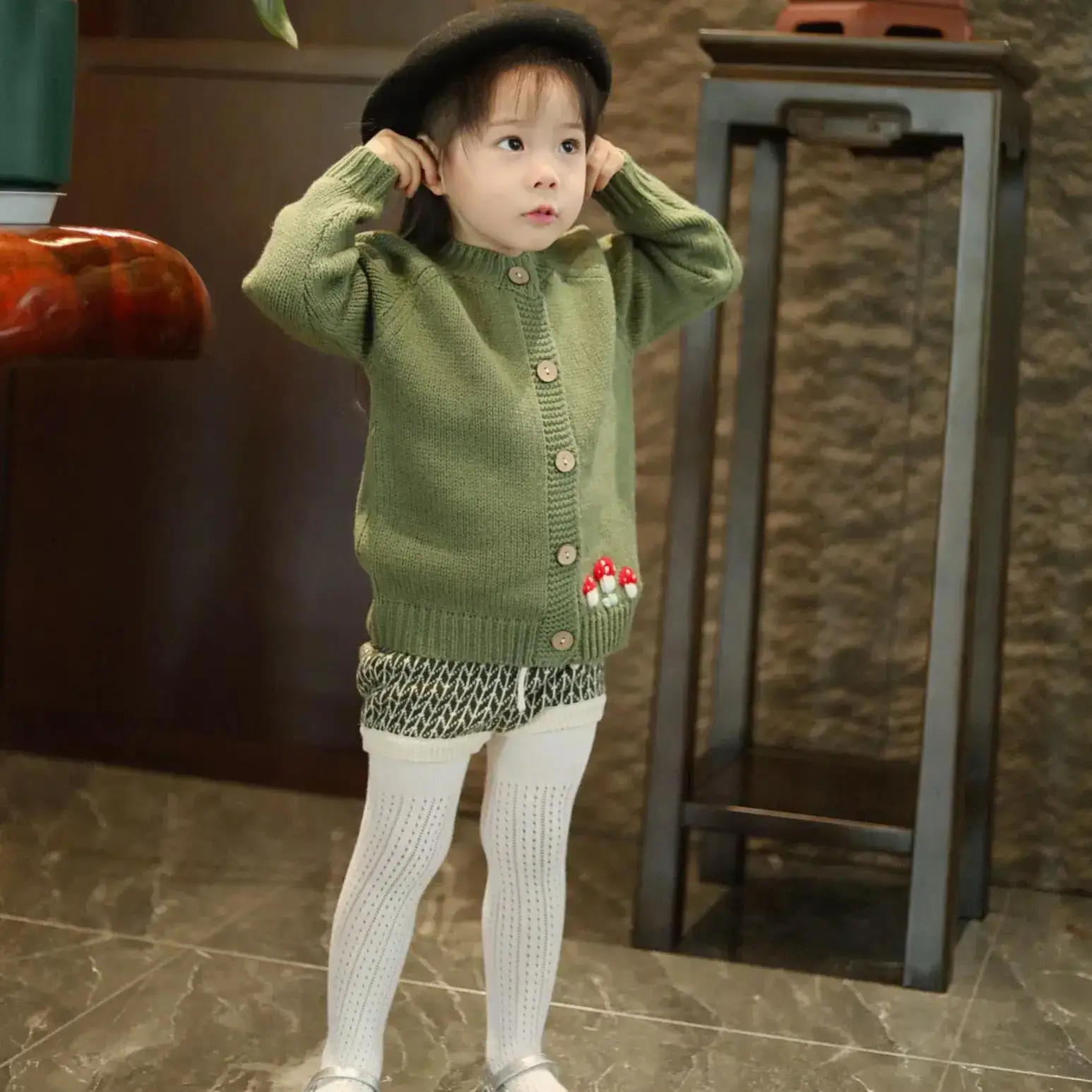 Baby Girls Knit Cardigan, 2026 Autumn Winter New, Nordic Ins Style Hand Embroidered Little Mushroom & Flower Handmade Kids Sweat