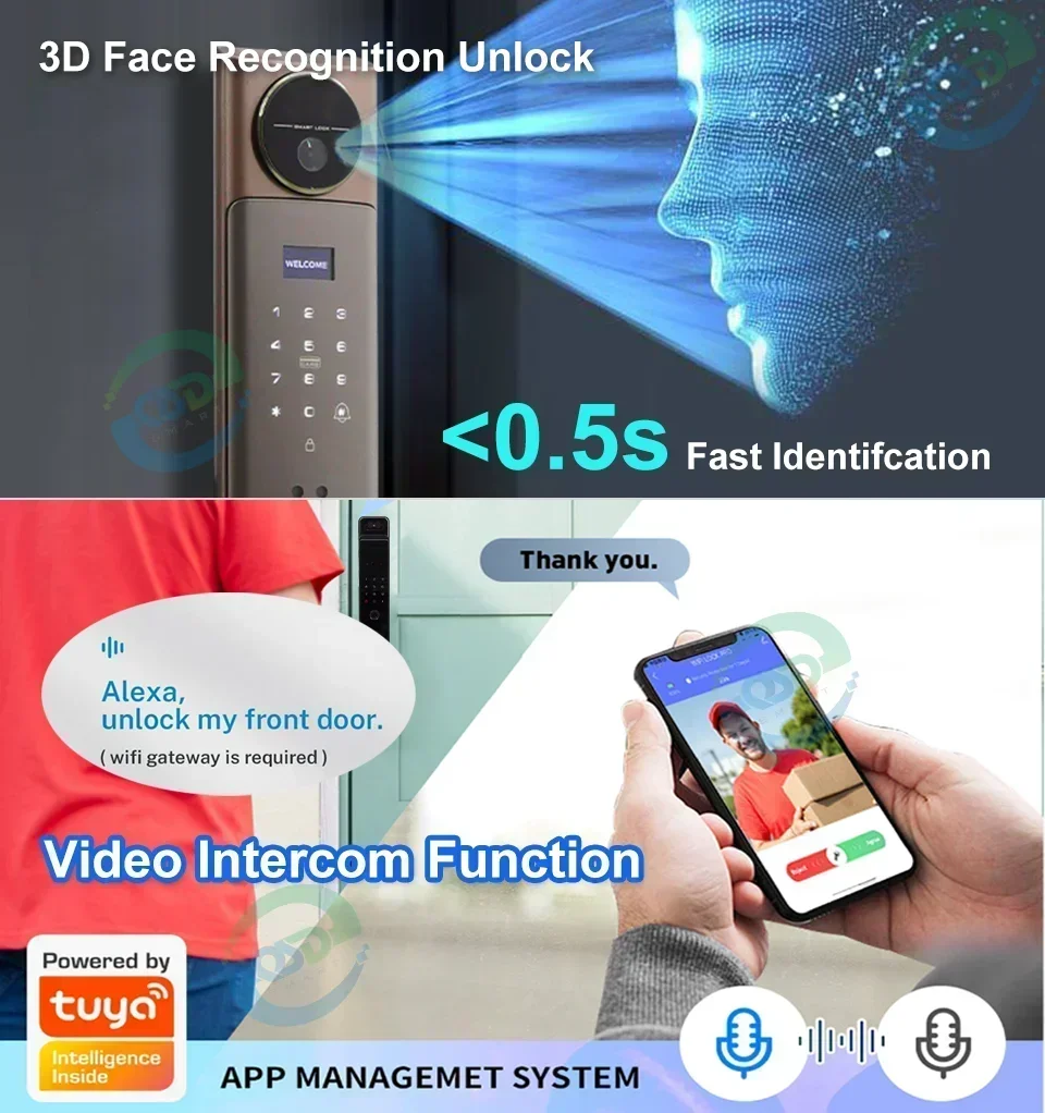 คุณสมบัติใหม่ปาล์มหลอดเลือดดําปลดล็อค WiFi Video Call 3D Face Recognition Smart Lock ภายนอกประตูหลักสมาร์ทล็อคกล้องอัตโนมัติ