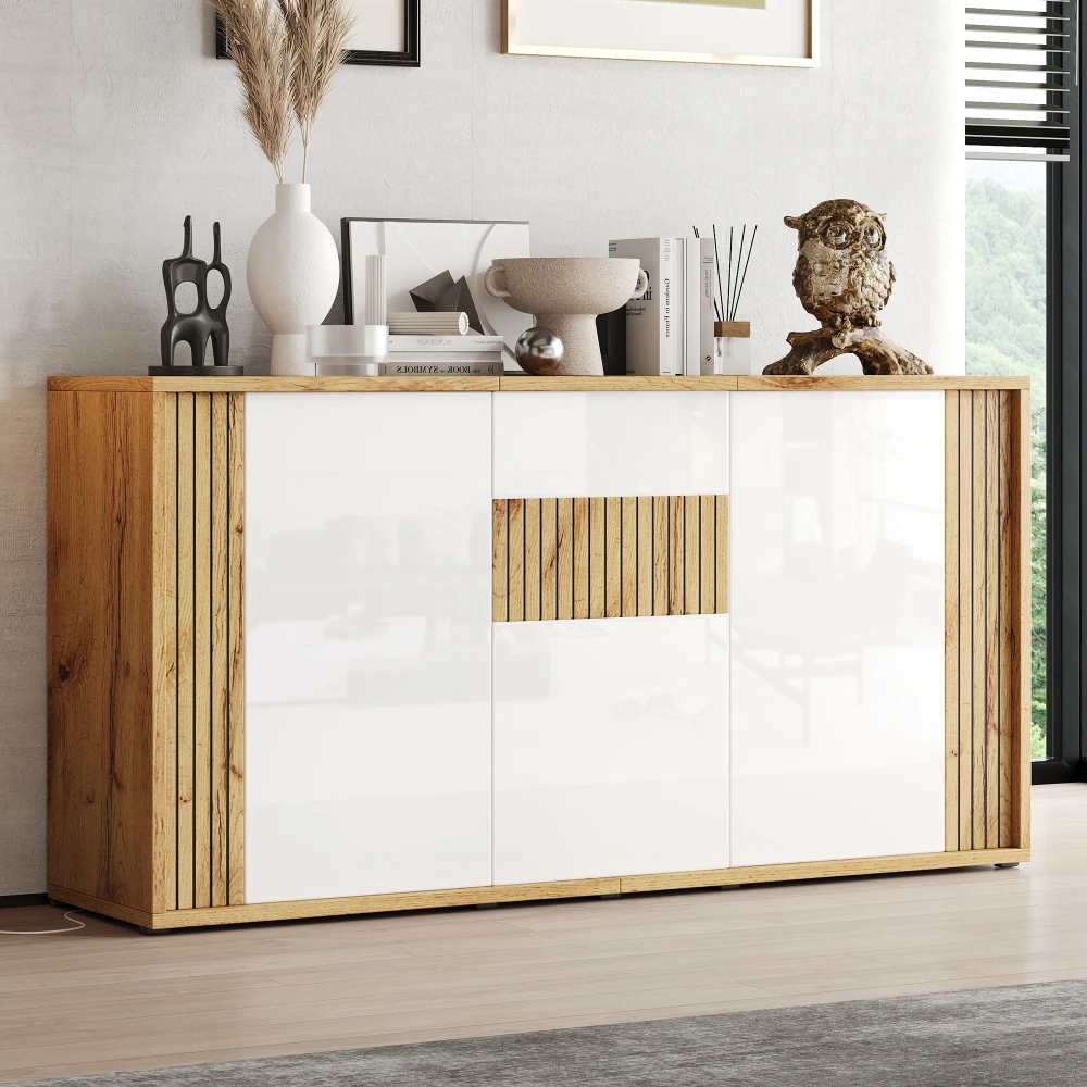 Buffet moderne 140×35×71cm, armoire à 3 portes avec texture ondulée et finition brillante, unité de rangement robuste supportant jusqu'à 60kg, meuble de rangement multifonctionnel, meuble de présentation autoportant pour salon, salle à manger, entrée, couloir.