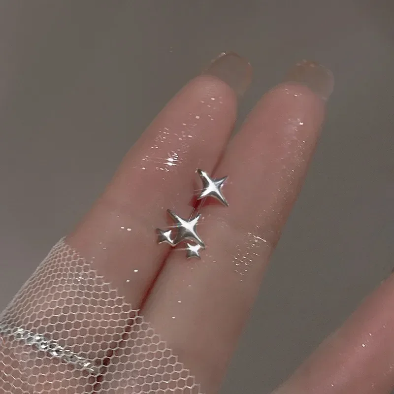 Silver Color Asymmetric Four-pointed Star Stud Earrings for Women Super Fairy Simple Fashion Jewelry Accessories Birthday Gift