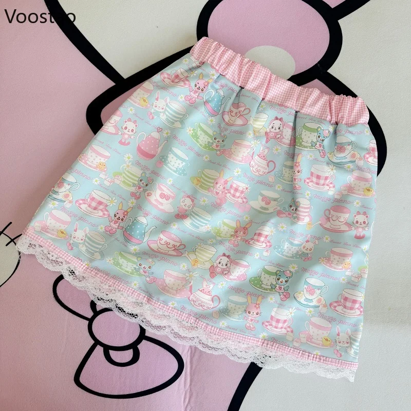 Japanese Sweet Lolita Style Princess Skirt Women Kawaii Cartoon Bunny Bear Print Lace Ruffles Mini Skirts Girls Y2k Short Skirts