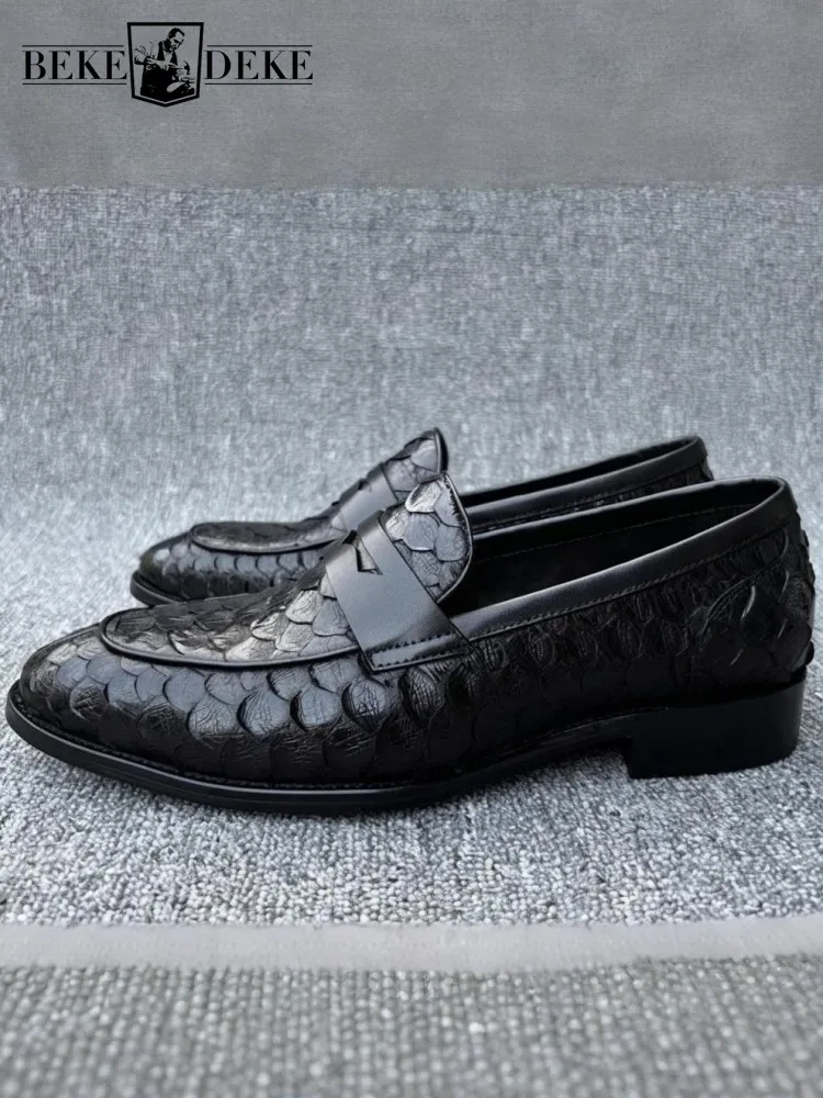 Fashion Snake Skin Derby Loafers Slip On Round Toe Solid Color Male Dress Shoes High Quality Handmade Business Style Footwear