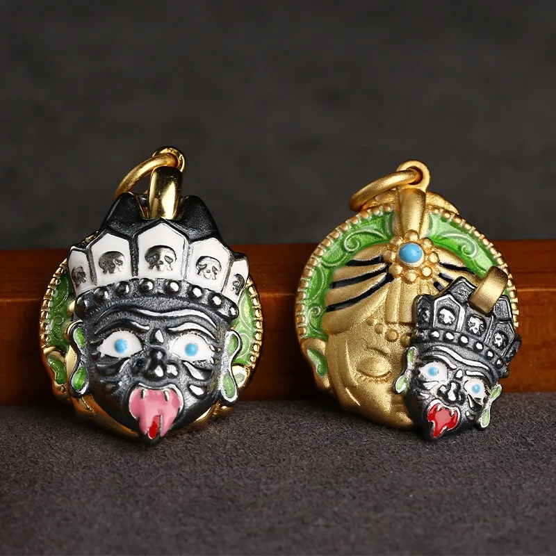 Vintage Silver Plated Tibetan Zhajilamu Pendant, Past & Present Thangka Tag Punk Unisex Hand Carved Sweater Chain Jewelry Gift