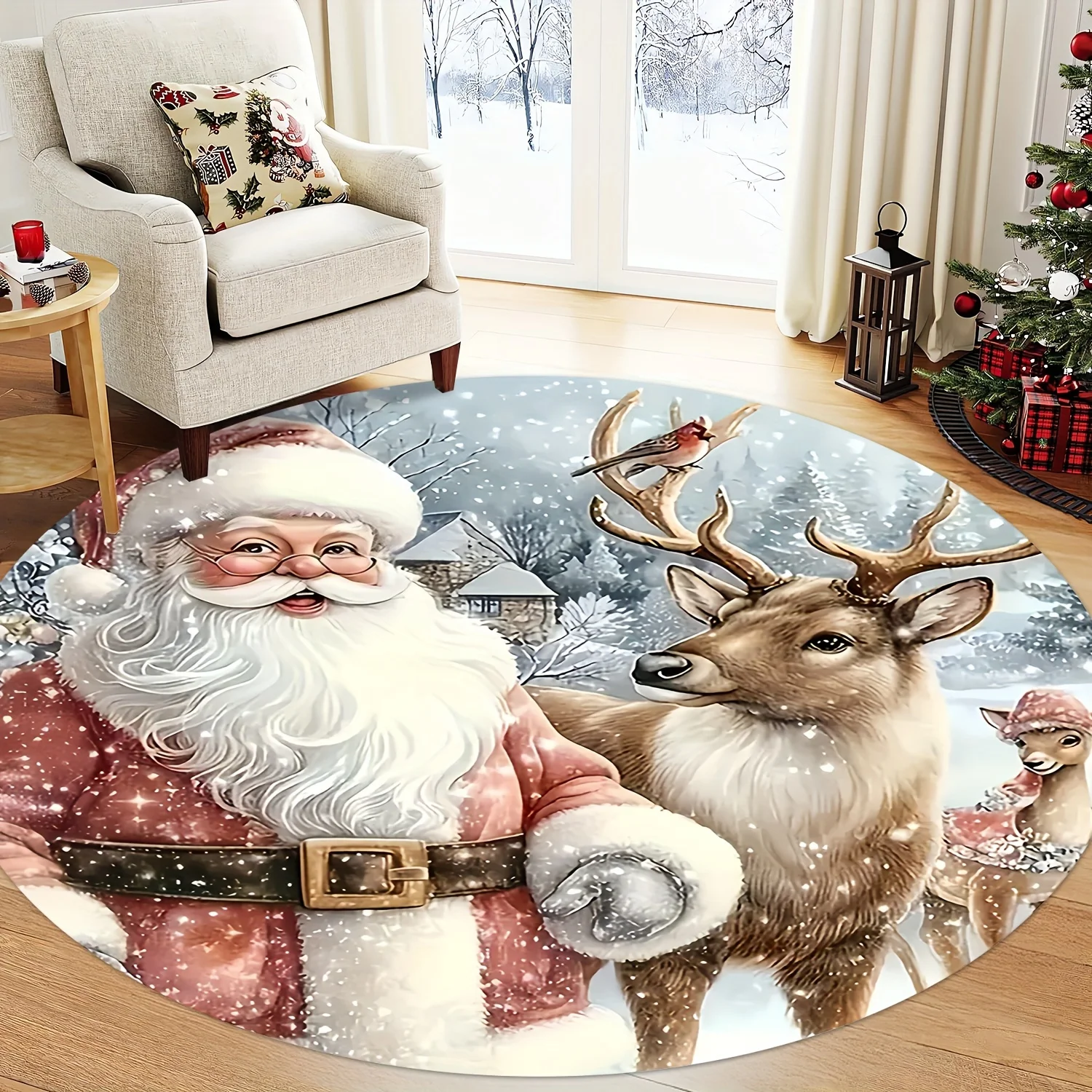 Merry Christmas Round Rug Candy Cane Poinsettia Holly Print Indoor Carpet Festive Home Decor for Bedroom Living Space