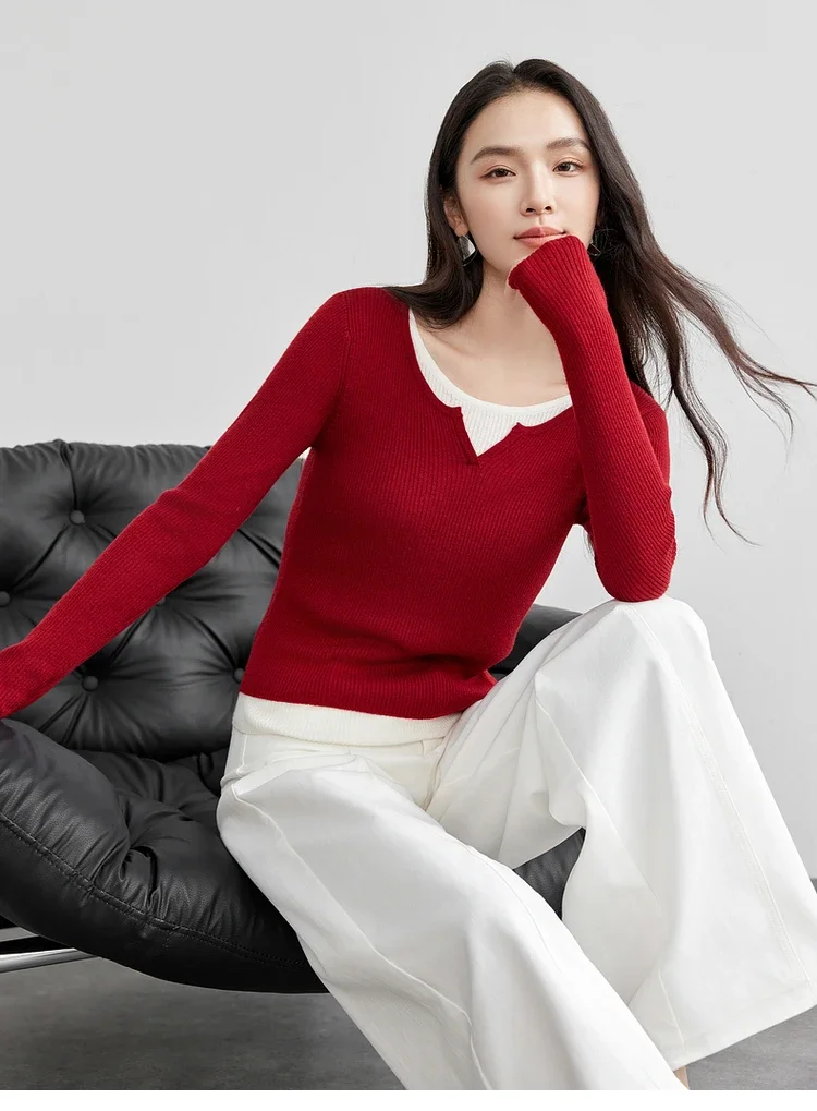 

SENTUBILA Spliced Pullover Women Slim Fit Knit Tops 2025 Patchwork 2 in 1 Wool Sweater Casual Jumpers Female Knitwear W51H57985