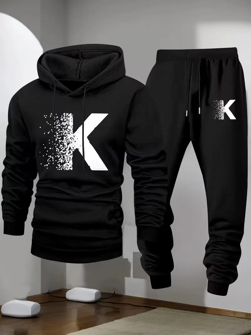 2026 New Men's Minimalist Hoodie Fashionable printed set suitable for casual and warm sportswear in spring autumn and winter view 3