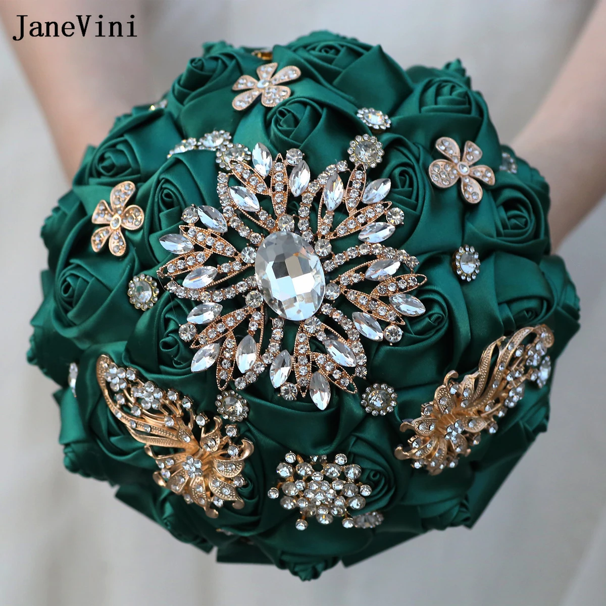 

JaneVini Dark Green Bridal Bouquets for Wedding Luxury Golden Rhinestones Artificial Satin Roses European Bride Flowers Bouquet