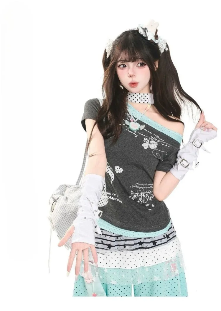 Kimutomo Women T Shirts Polka Dot Printed Short Sleeve Slim Grunge Gothic Y2k Aesthetic Harajuku Tops Ladies Fashion Casual Tee