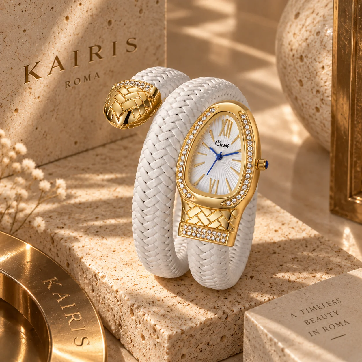 KAIRIS Women's Gold Quartz Watch White Braided Bracelet Irregular Dial Rhinestone Bezel Luxury Fashion Wristwatch for Ladies