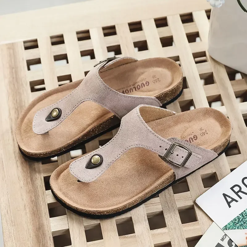 Coslony cork sandals men leather 2023 New Summer Women Beach Shoe Casual Cork Slippers Men Fashion Outdoor buckle slides for men