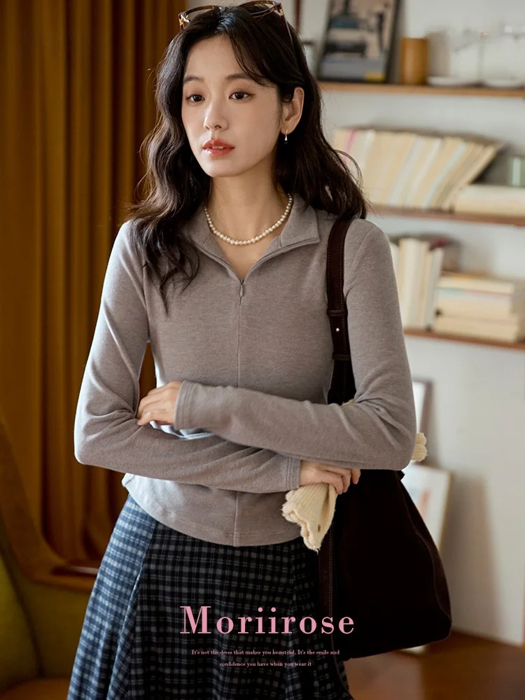 

Moriirose Thiened Zipper Waist Cinching Base irt Women's Winter Slimming Inner Wear Top High Waist Long Sve T-irt