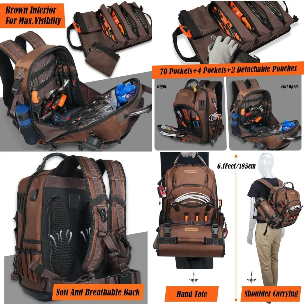 

Heavy-Duty 70-Pocket HVAC Tool Bag with 4-Piece Electrical Roll Set and Men's Hard-Bottom Electrician Backpack