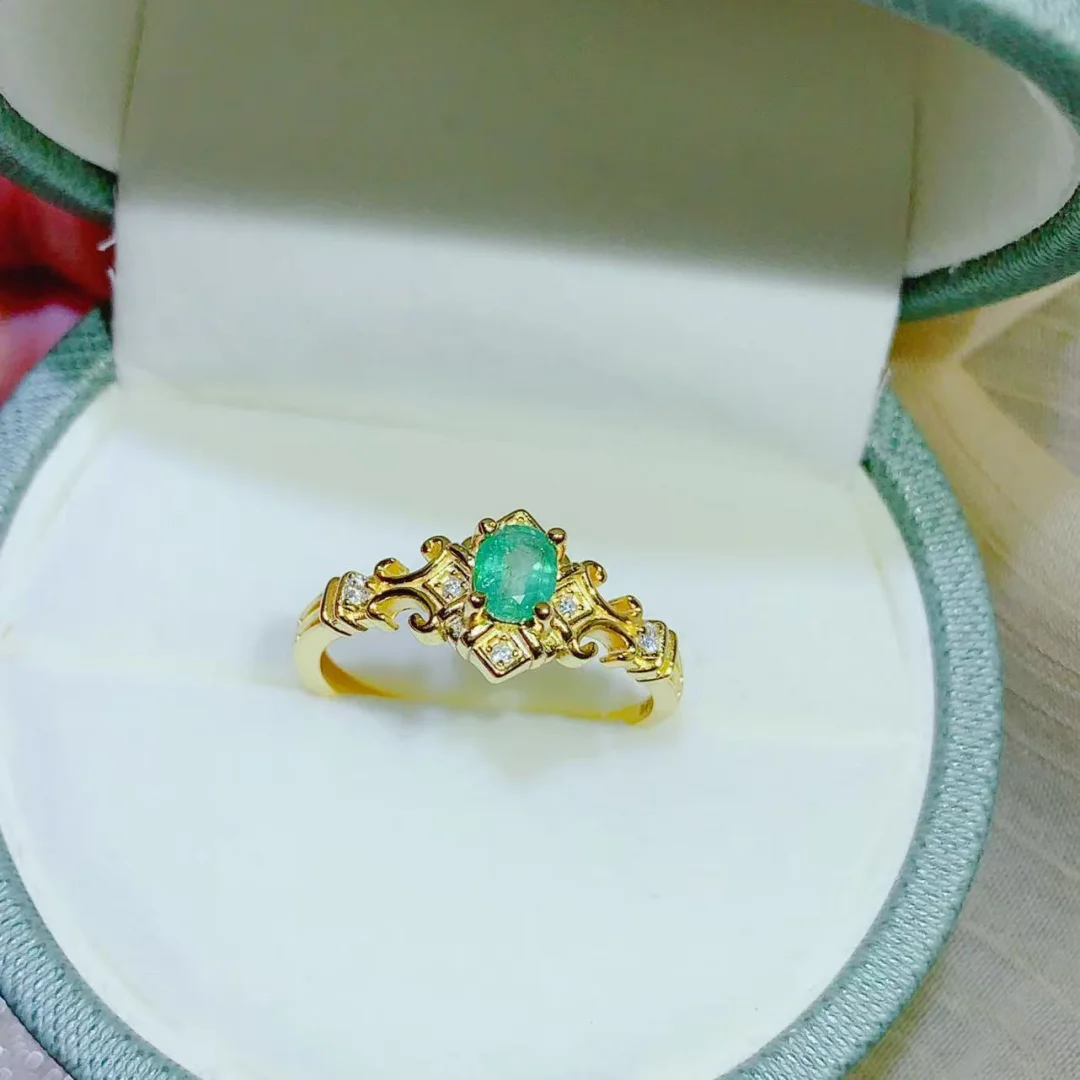 Ethnic Style Natural Emerald Ring 4*5mm S925 Sterling Silver Inlay Fresh Green Daily Party Jewelry for Ladies