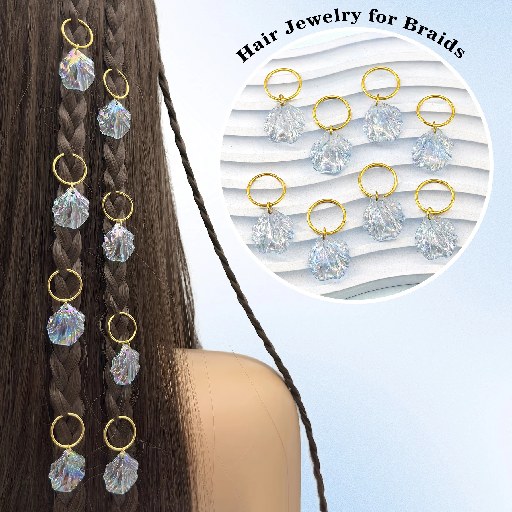 8pcs Blue Gradient Shell Hair Rings – Coastal Elegance Adjustable Summer Boho Hair Cuff for Women's Braids