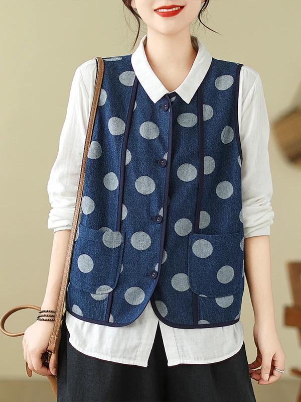 

ort Ethnic Polka Dot Print Splice Denim Vest Women's Autumn Layering Outerwear oulder Pad round Ne Top Tank Top
