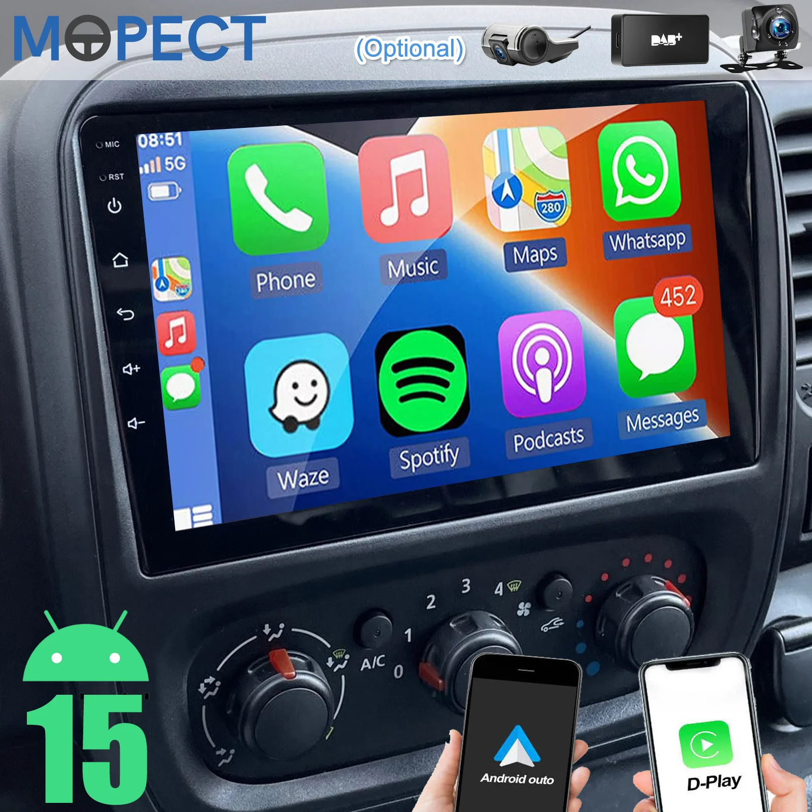 MOPECT Autoradio Android 15 da 64GB con DVR, DAB+, AM/FM per Vauxhall Vivaro B 2014-2019, Stereo Auto con Carplay, GPS, BT, WiFi