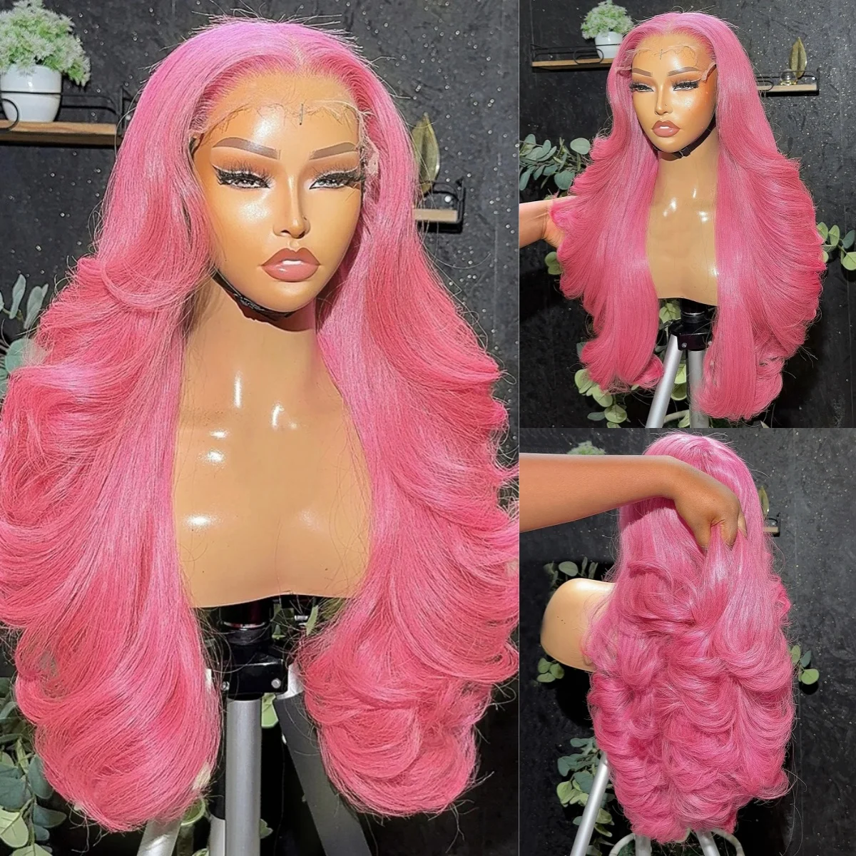 

Розовый парик для женщин и девушек, с центральным пробором, длинный, волнистый, с кружевной передней частью, светло-розовый, термостойкий, синтетический, для повседневной носки, косплея и вечеринок