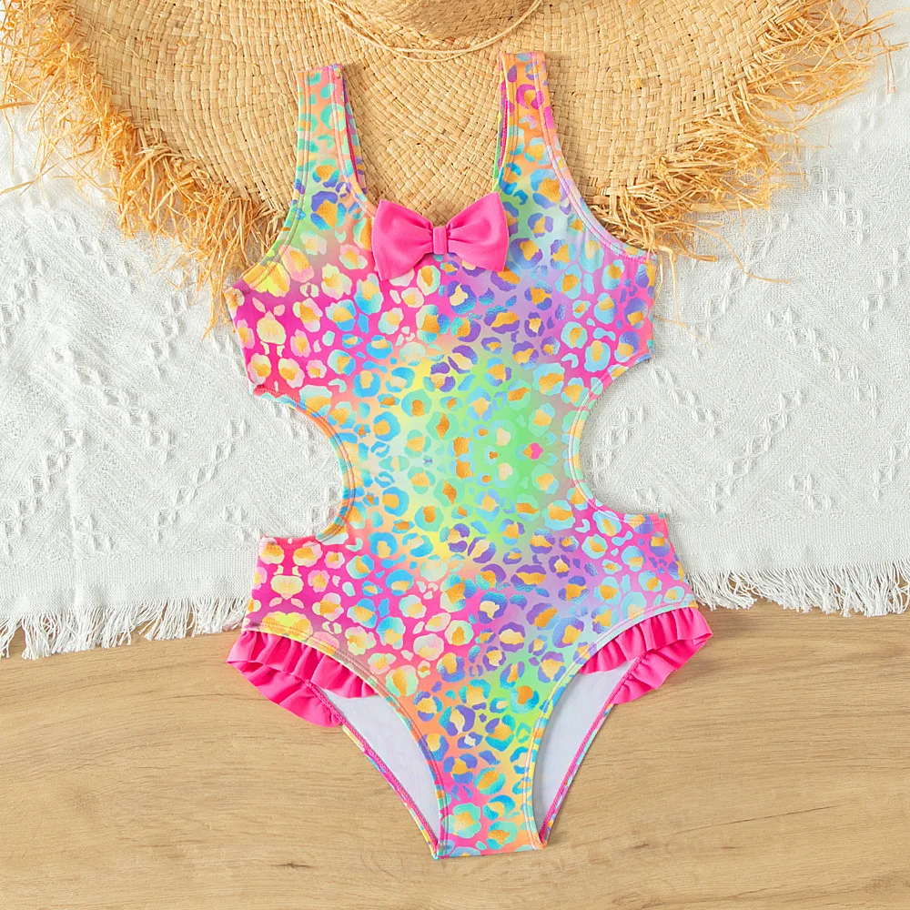 Traje de baño brillante y colorido para niñas, bañador de una pieza con volantes de lazo, ropa de playa de verano para adolescentes