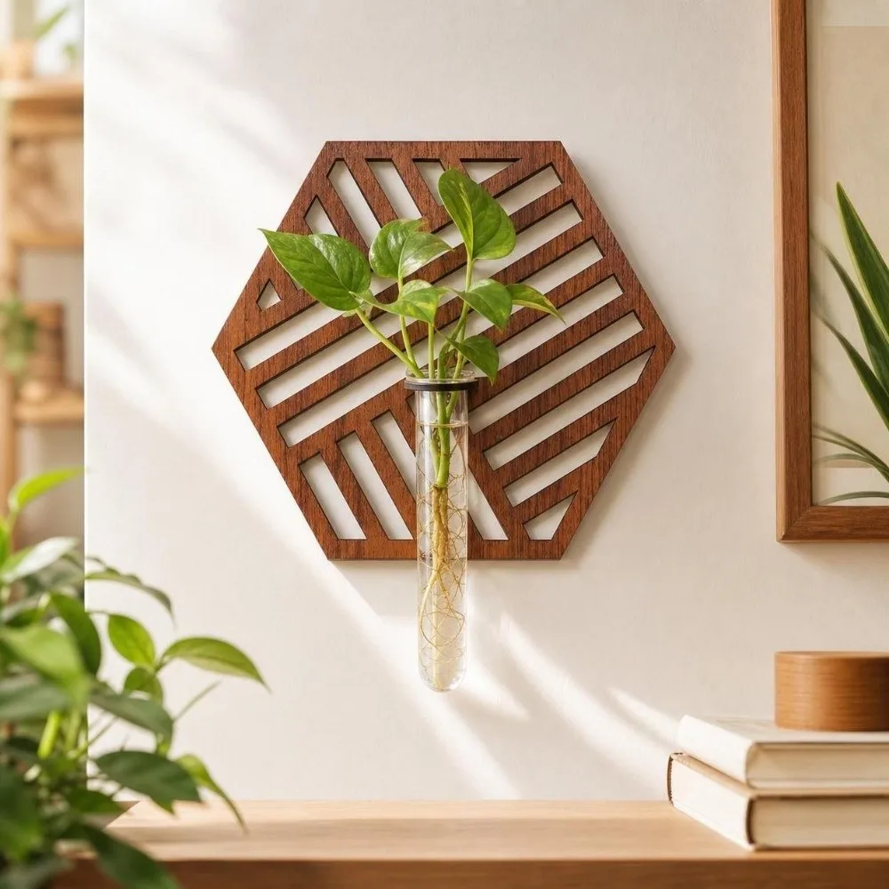 Wooden Hydroponic Planter Shelf Vase Home Ornaments Wall Decoration Hollow Out Retro Planter Holder