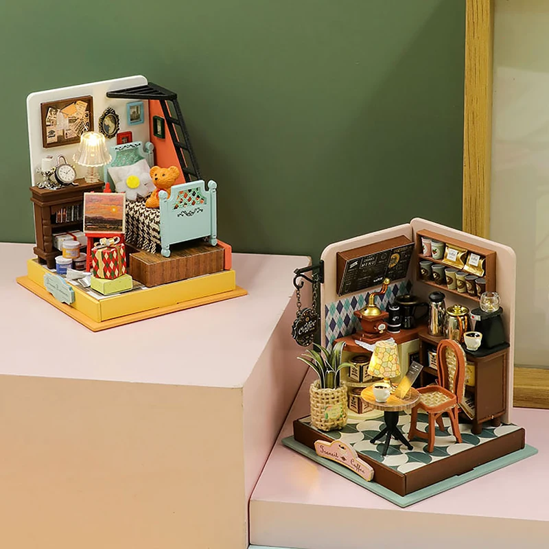 Wooden Mini Doll Houses DIY Handmade 3D Puzzle Assembly Building Kits With Furniture LED Coffee Store Dollhouse Toys For Kids