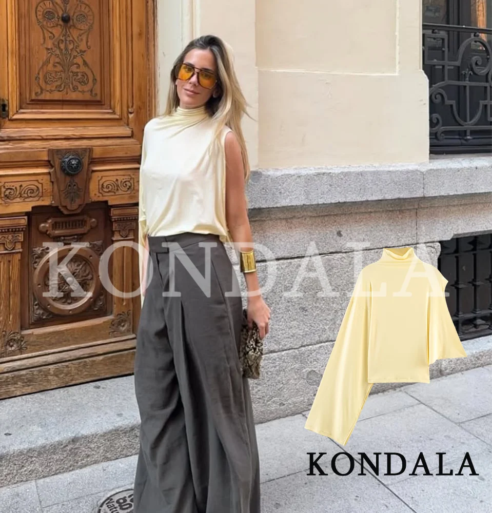 

KONDALA Elegant Unique Asymmetrical Tops Women's Trendy Yellow Turtleneck One Shoulder Long-sleeved Tops 2026 Summer Fashion Top