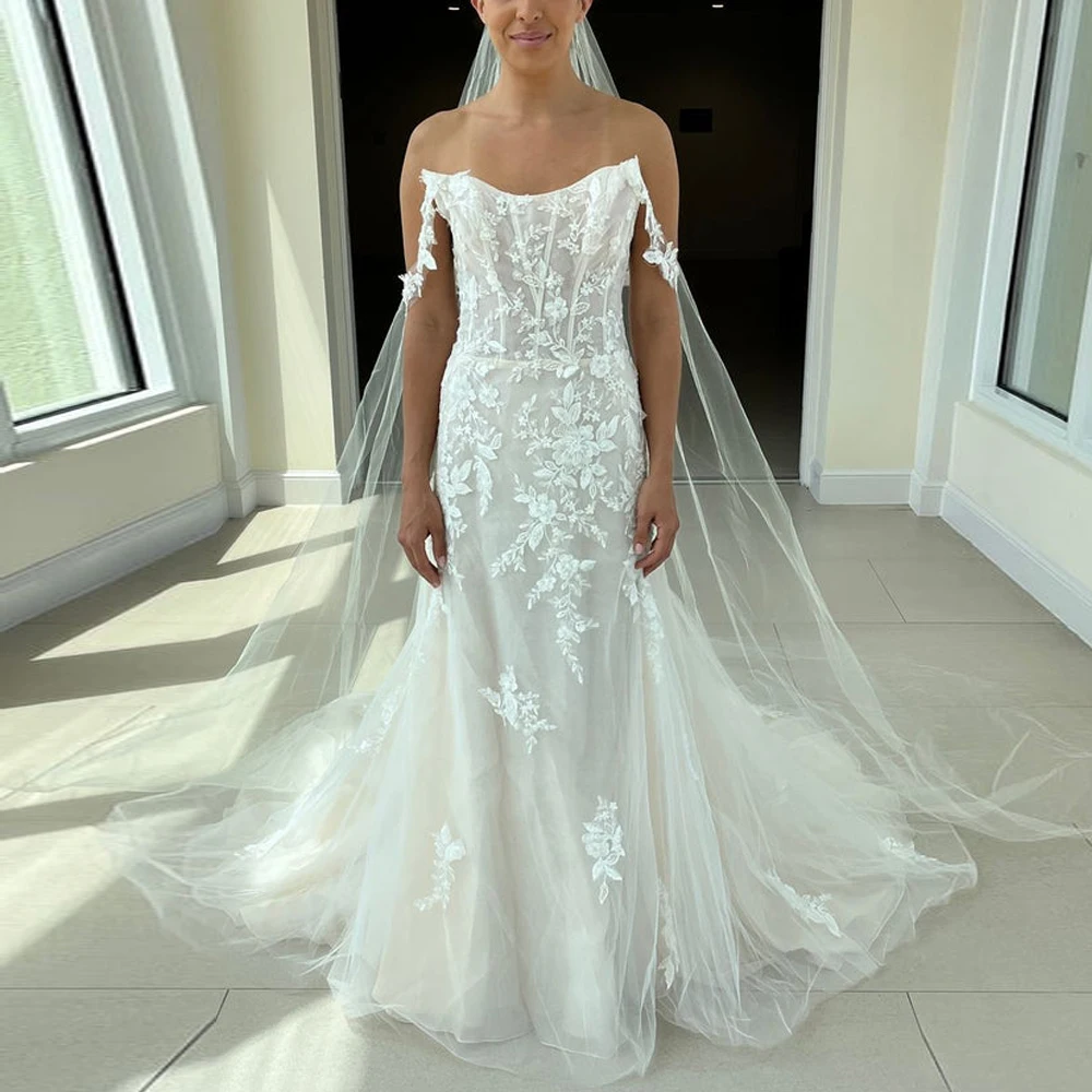 

Customized Lace Appliques Mermaid Wedding Dresses 2025 Off the Shoulder Corset Bride Gown Backless Tulle robe de mariage