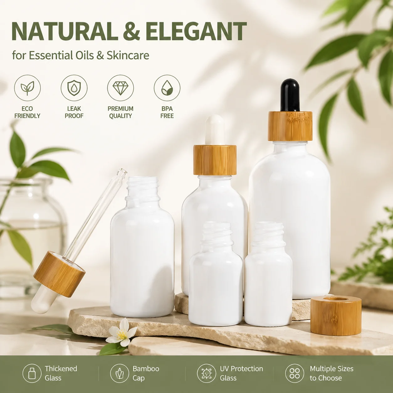 White Glass Dropper Bottle with Bamboo Cap,10-100ml Ceramic Style Essential Oil Bottle, Cosmetic Skincare Packaging,Custom Logo