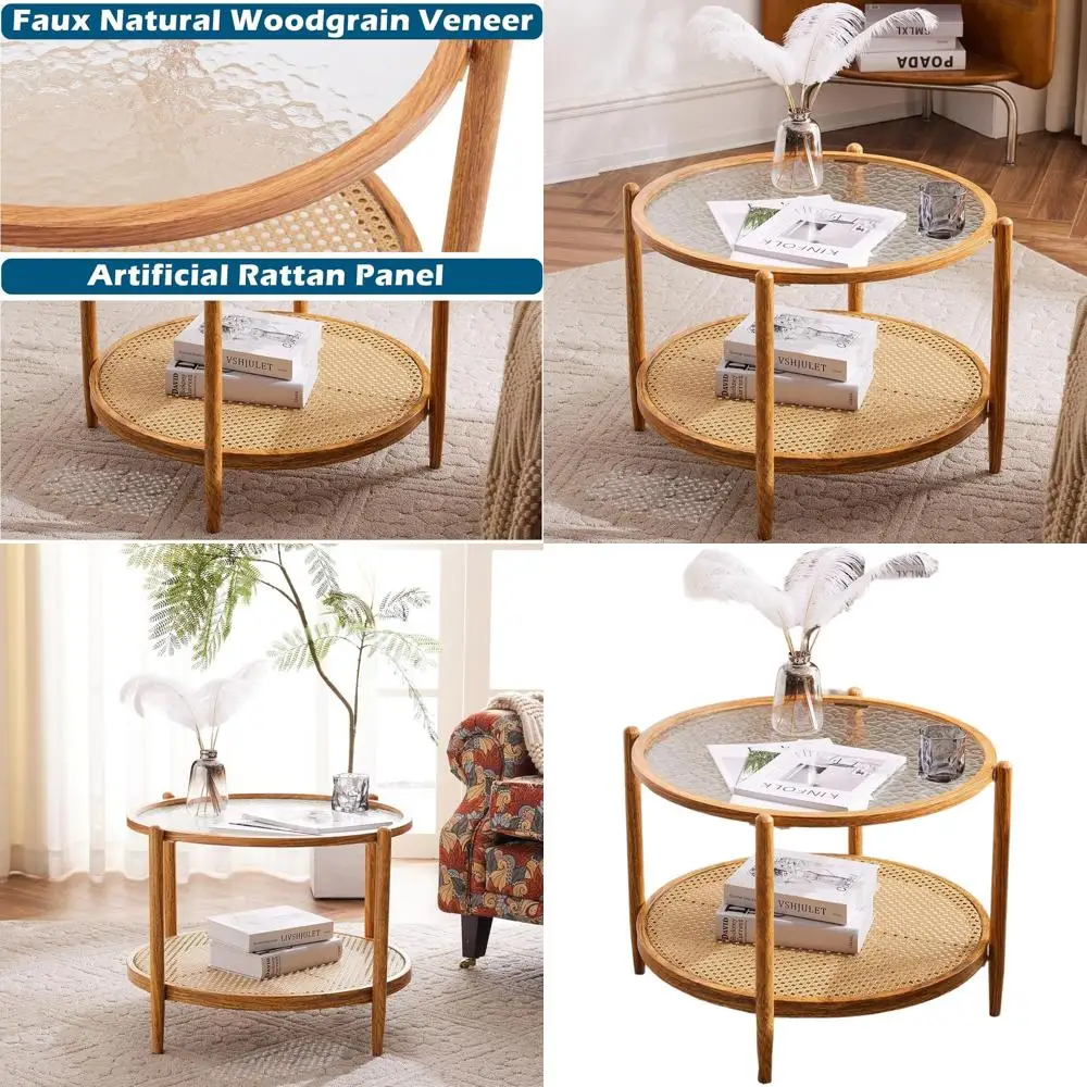 Round Rattan Coffee Table with 2-Tier Storage, Modern Glass Top Center Table for Small Spaces, Farmhouse Style Living Room Furni