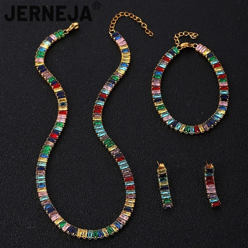 

Cross-border European and American Joker Color Stone Necklace Earrings Ring Bracelet Luxury Titanium Steel Jewelry Suit