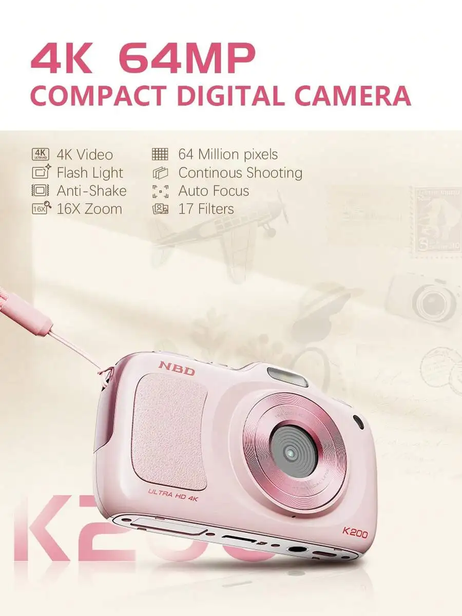 64MP Digital Camera With Auto Focus, 4K Full HD Video, Vlogging Camera 16X Digital Zoom,Built In Flash,Includes 32GB Card, Trave