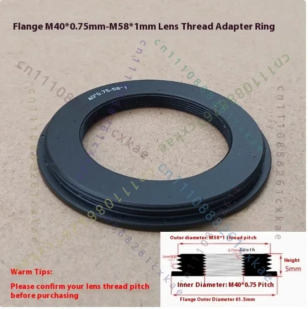 Thread Transition Fitting, M40‑M58 Adapter Ring 40x0.75mm Female to 58x1mm Male for Camera Lens Photography Accessory