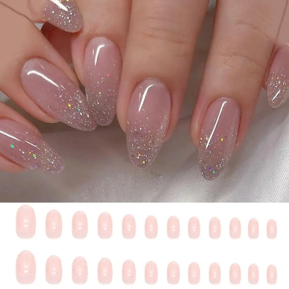 24pcs Detachable DIY Star River Fake Nials Long Almond False Nails Glitter French