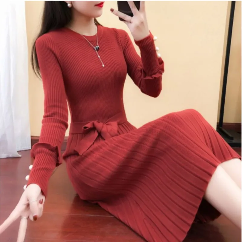 

Korean Slim Knitted Sweater Dress O-neck Women Elegant Lace-up Midi Dresses Pleated Autumn Winter Stretch Casual Vestidos