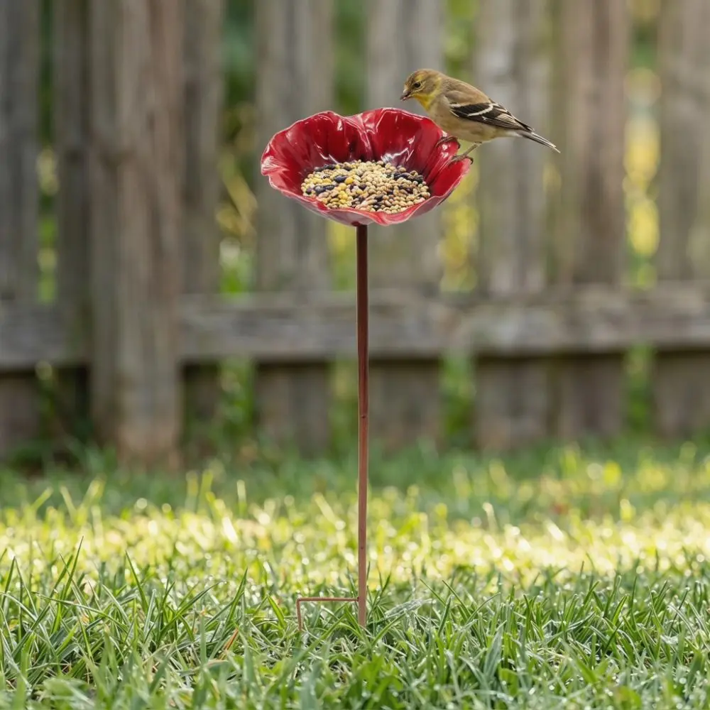 Metal Bird Bath Stand Ground Insert Flower Shaped Garden Insect Birdbath Iron Art Colorful Flower Garden Stake Yard