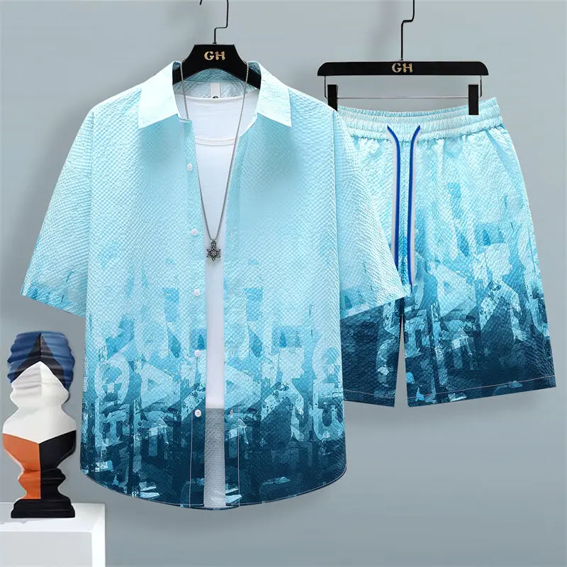 

Shirts + shorts summer Sportswear Men's fashion printing Sets Male short sleeve shirts and shorts Casual Shirts Two Piece TZ039