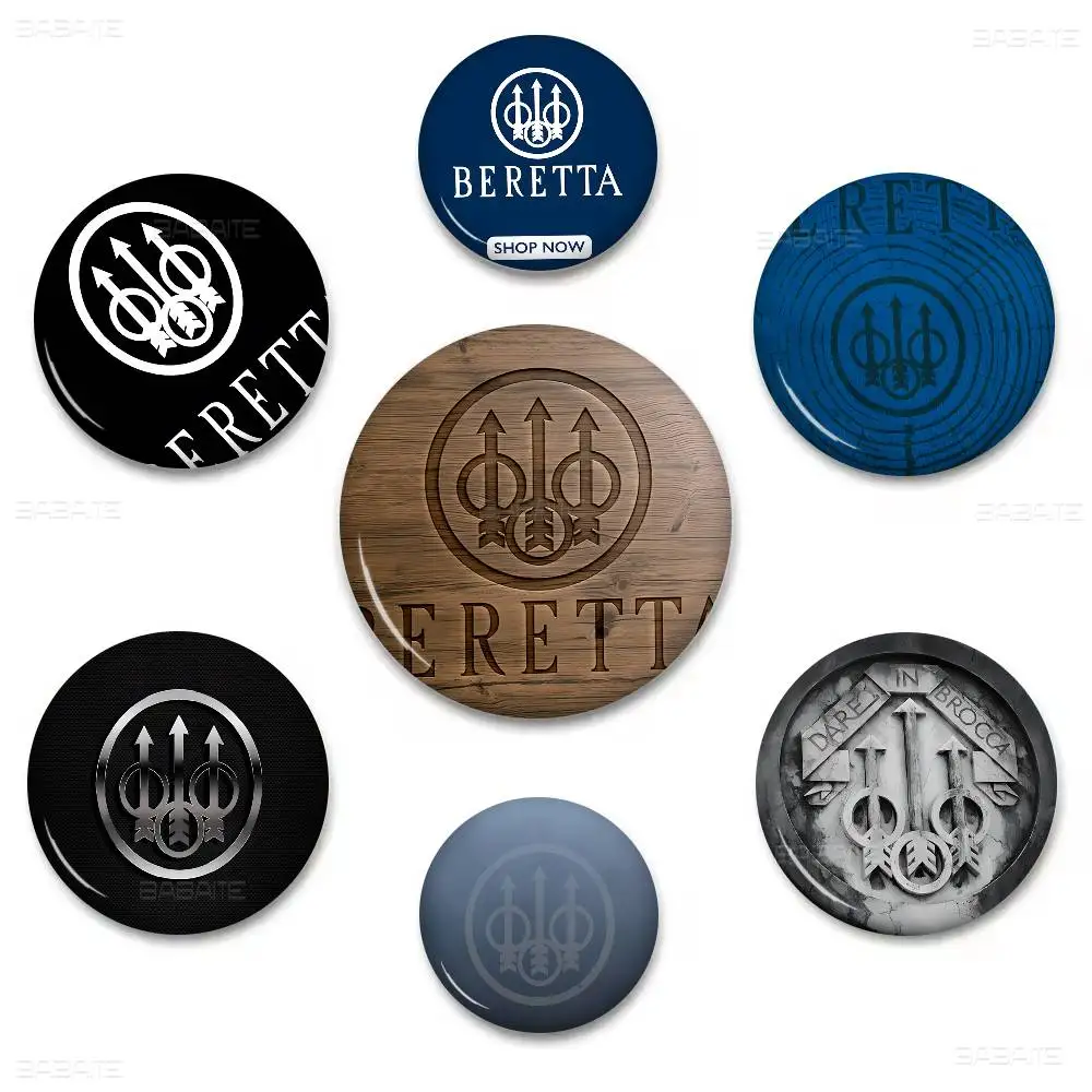Gun Beretta Logo Cartoon Brooches Anime Badge Round Handmade Brooch Lapel Pins Jewelry For Backpack Clothes Gifts