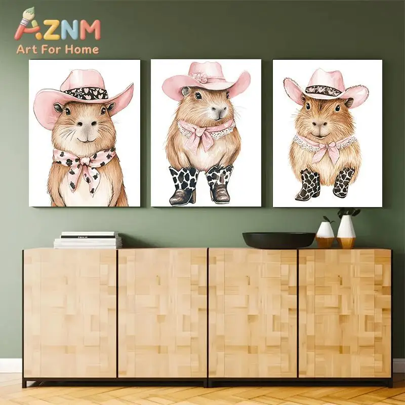 AZNM Cute Cowboy Capybara Canvas Wall Art Frameless Poster Watercolor Animal Print for Girls Bedroom Nursery Home Wall Decor Gif