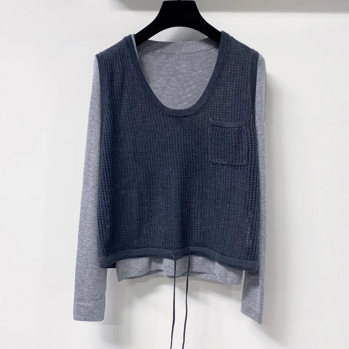 High Quality Women Hollow Knit Vest Long Sleeve Top Drawstring Hem Casual Knit Top lyt26723100