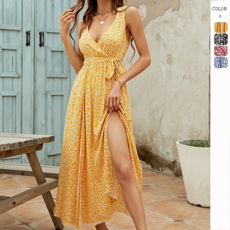 

Women's V-neck Fragmented Flower Printed Long Dress 2024 New Summer Ladies Side Split Holiday Style Casual Maxi Dress