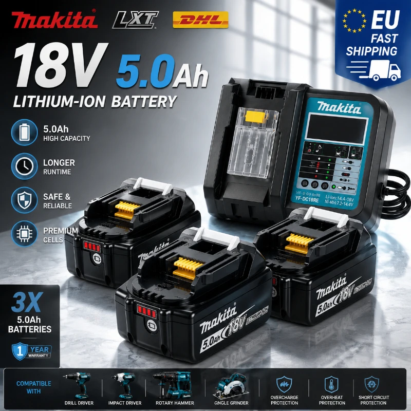 EU-Lagerbestand Makita 18V 5,0Ah Akku BL1850B BL1860B LXT Hochleistungs-Li-Ionen-Ersatzakku für Bohrschrauber, Schleifer, Säge, schnelle EU-Lieferung