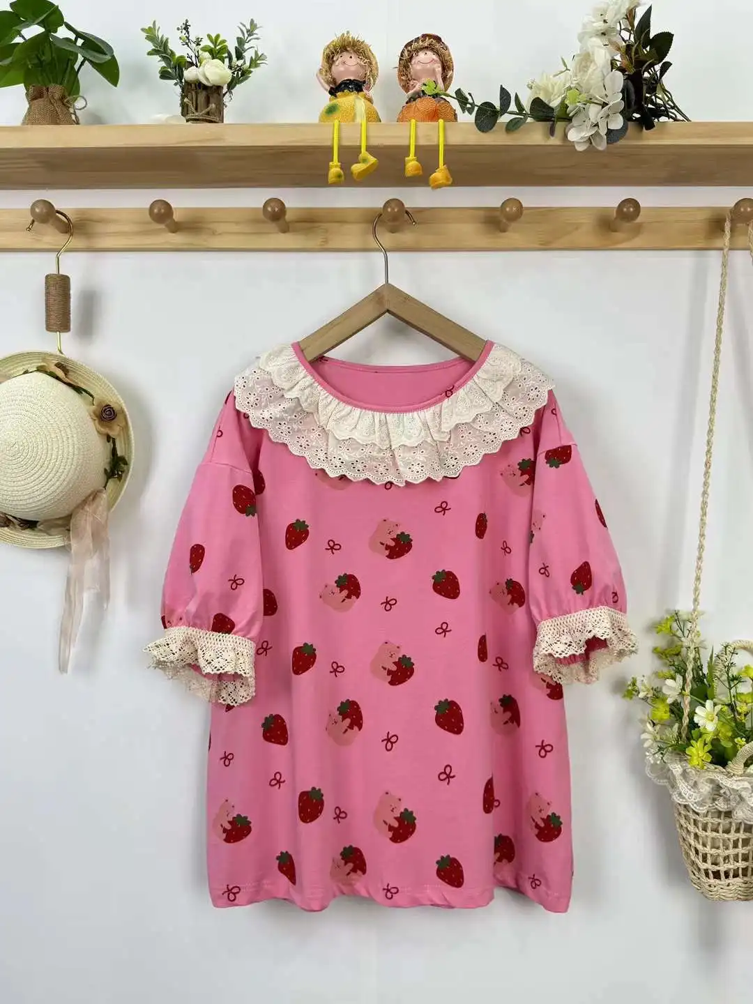 Mori kei clothing sweet lace patchwork collar cartoon strawberry printed t shirt for women summer Japan style tops